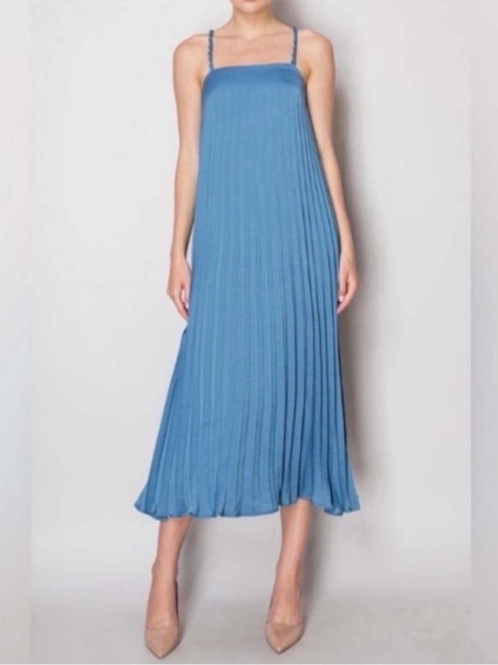 MelloDay Braided Strap Sleeveless Pleated Midi Dress Blue | Shift Dress